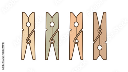Flat vector illustration four wooden clothespins eco kitchen style pastel colors minimal springs implied 4x1 grid equal spacing isolated on white