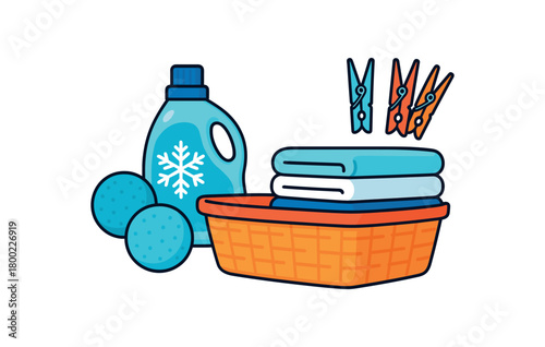 Flat vector winter laundry: dryer balls softener bottle towel stack basket clip set bright vibrant palette clean outlines minimal centered isolated on white no logos
