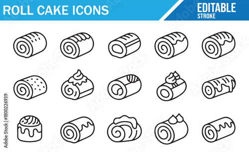 Stylized roll cake graphics with toppings and decorative patterns