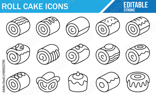 Roll cake icon set with various dessert designs in clean outline vector style