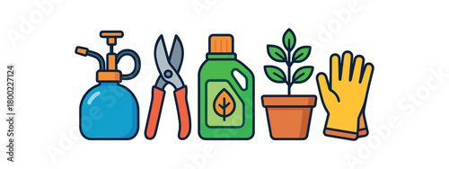 Flat vector winter plant care: mister pruning shears fertilizer bottle pot gloves bright vibrant palette clean outlines minimal centered isolated on white no logos