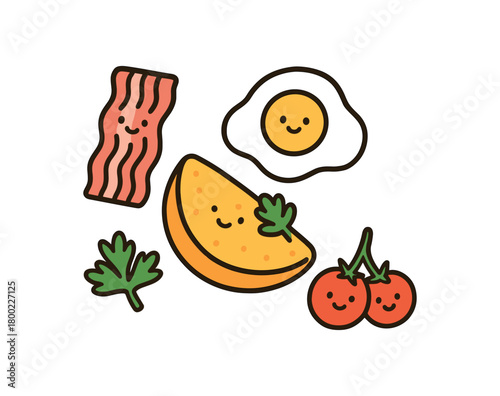 Cute doodle breakfast foods collection flat vector illustration bold handdrawn outlines bright solid fills isolated on white clean white space sticker style minimal detail omelet fold