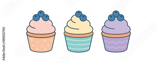 Flat vector illustration three cupcakes cute style pastel colors simple patterns (dots stripes waves) with blueberries 3x1 grid equal spacing isolated on white