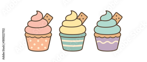 Flat vector illustration three cupcakes soft pastels cute style simple patterns (dots stripes waves) cookie pieces 3x1 grid equal spacing isolated on white