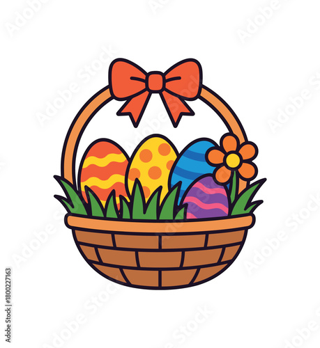 Flat vector easter basket: painted eggs grass ribbon flower basket bright vibrant palette clean outlines minimal centered isolated on white no logos