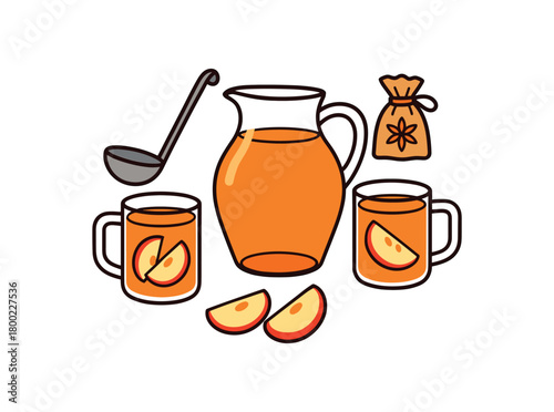 Flat vector warm cider: glass jug mugs spice sachet ladle slices bright vibrant palette clean outlines minimal centered isolated on white no logos