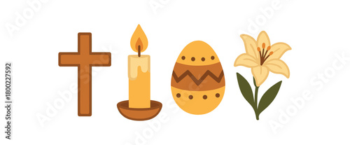 4 Easter elements cross candle egg lily flower flat vector illustration warm natural palette