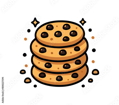 flat vector bold outline cookie stack white background sticker style balanced cluster crumb confetti choco chips shine