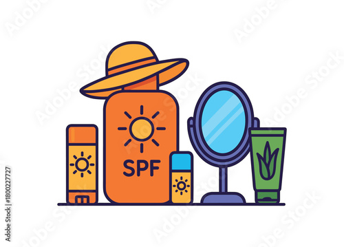 Flat vector sunscreen station: SPF bottle face stick sun hat mirror aloe gel bright vibrant palette clean outlines minimal centered isolated on white no logos