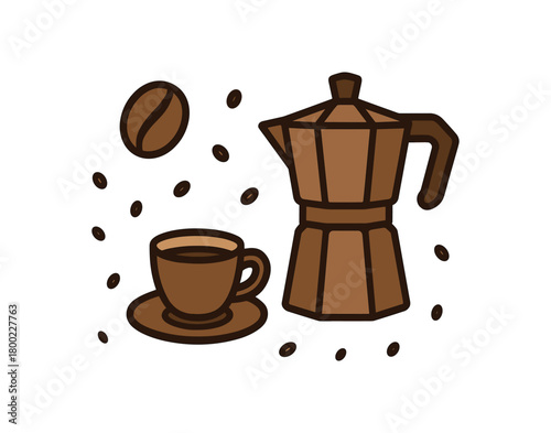 flat vector bold outline rich coffee palette white background sticker style neat spacing bean scatter espresso cup moka pot