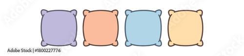 Flat vector illustration four plush pillows night mindfulness style pastel colors rounded corners 4x1 grid equal spacing isolated on white full objects visible