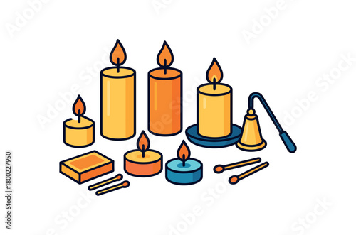 Flat vector memorial candles: pillar candles tea lights matches tray snuffer bright vibrant palette clean outlines minimal centered isolated on white no logos