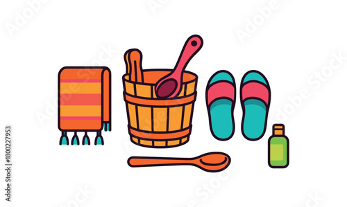 Flat vector home sauna set: towel wooden bucket spoon slippers bottle bright vibrant palette clean outlines minimal centered isolated on white no logos
