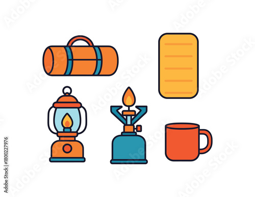 Flat vector summer camping kit: tent bag sleeping pad lantern stove mug bright vibrant palette clean outlines minimal centered isolated on white no logos