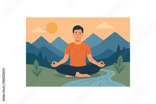 flat vector illustration of person meditating among mountains and flowing water