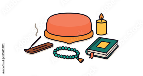 Flat vector prayer space setup: cushion candle beads incense book bright vibrant palette clean outlines minimal centered isolated on white no logos