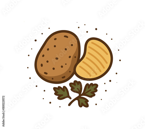 flat vector bold outline rustic tones white background sticker style centered grouping crumb dots potato with specks cut chip parsley sprig