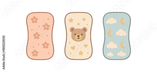 Flat vector illustration three burp cloths cute nursery style pastel colors rounded corners 3x1 grid equal spacing isolated on white