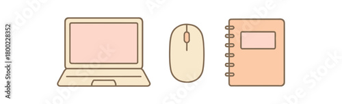 Flat vector illustration laptop mouse notebook home office vibe pastel colors 3x1 grid equal spacing isolated on white full objects visible