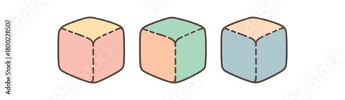 Flat vector illustration three soft fabric cubes cute baby style pastel colors no letters 3x1 grid equal spacing isolated on white