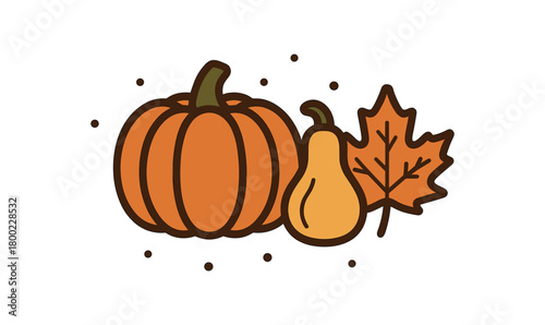flat vector bold outline cozy fall palette white background sticker style centered spacing seed dots medium pumpkin with stem small gourd maple leaf