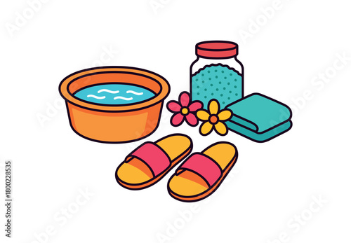 Flat vector foot soak set: basin salt jar flowers towel slippers bright vibrant palette clean outlines minimal centered isolated on white no logos