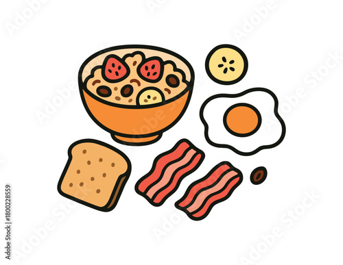 Cute doodle breakfast foods collection flat vector illustration bold handdrawn outlines bright solid fills isolated on white clean white space sticker style minimal detail muesli bowl