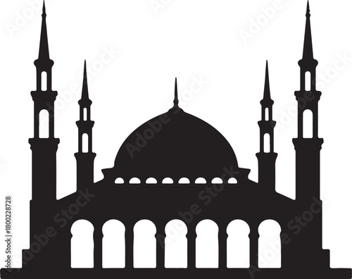 Black Silhouette of Traditional Islamic Mosque with Minarets and Dome