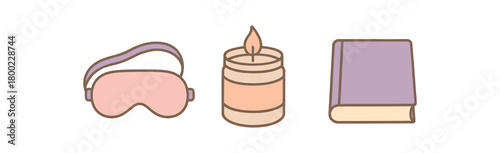 Flat vector illustration sleep mask candle jar book bedtime winddown vibe pastel colors 3x1 grid equal spacing isolated on white full objects visible