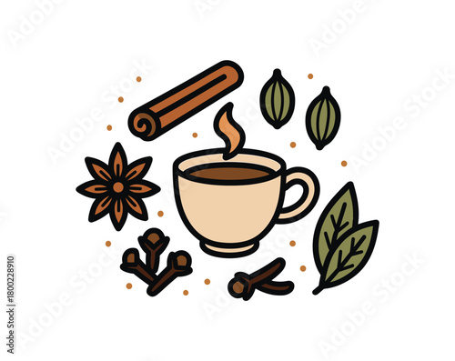 flat vector bold outline chai spices white background sticker style centered spacing spice dust chai cup