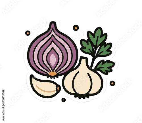 flat vector bold outline kitchen palette white background sticker style compact trio ring dots onion half garlic clove parsley sprig