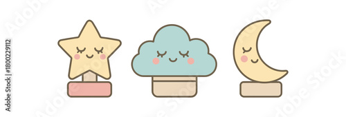 Flat vector illustration three night lights cute nursery style pastel colors cloud moon shapes 3x1 grid equal spacing isolated on white