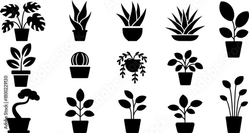 Variety of potted plant icons in black and white vector art