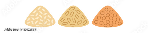 Flat vector illustration three grain mounds (rice oats lentils) wastefree theme packetfree pastel colors 3x1 grid equal spacing isolated on white