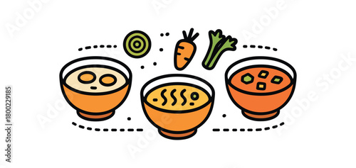 flat vector bold outline soup trio white background sticker style neat spacing dash dots leek slice carrot celery
