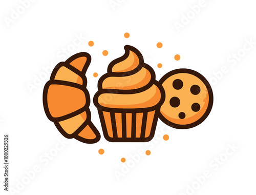 flat vector bold outline warm pastry palette white background sticker style centered layout sugar sprinkle dots croissant flaky arcs cupcake swirl cookie chips