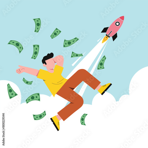 Successful entrepreneur launching rocket to success with money falling around on, symbolizing business growth and achievement