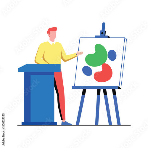 Artist presenting abstract painting on easel on, showcasing creativity and artistic expression in a modern and minimalist style