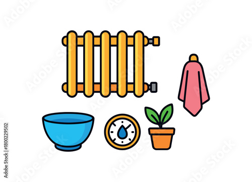 Flat vector radiator humidity set: radiator water bowl humidity gauge small plant cloth bright vibrant palette clean outlines minimal centered isolated on white no logos