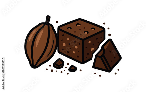 flat vector bold outline cocoa lovers white background sticker style compact trio cocoa dust brownie broken piece nut flecks