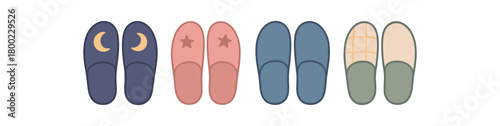 Flat vector illustration four slipper pairs night mindfulness style pastel colors minimal cuffs 4x1 grid equal spacing isolated on white full objects visible