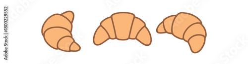 Flat vector illustration three croissants unwrapped packagefree theme boxfree pastel colors 3x1 grid equal spacing isolated on white