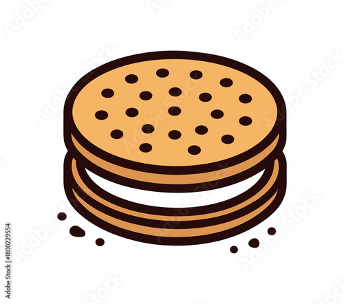 flat vector bold outline cream cookie white background sticker style neat spacing crumb flecks sandwich cookie