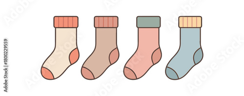 Flat vector illustration four thermal socks cozy winter style pastel colors simple contrast cuffs 4x1 grid equal spacing isolated on white