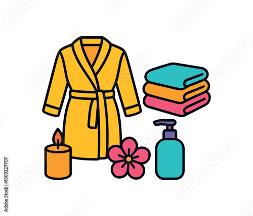 Flat vector home spa essentials: bathrobe towel stack candle flower bottle bright vibrant palette clean outlines minimal centered isolated on white no logos
