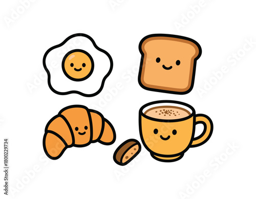 Cute doodle breakfast foods collection flat vector illustration bold handdrawn outlines bright solid fills isolated on white clean white space sticker style minimal detail cappuccino mug