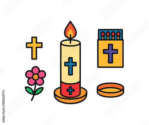 Flat vector prayer candle set: tall candle small cross flower matchbox tray bright vibrant palette clean outlines minimal centered isolated on white no logos