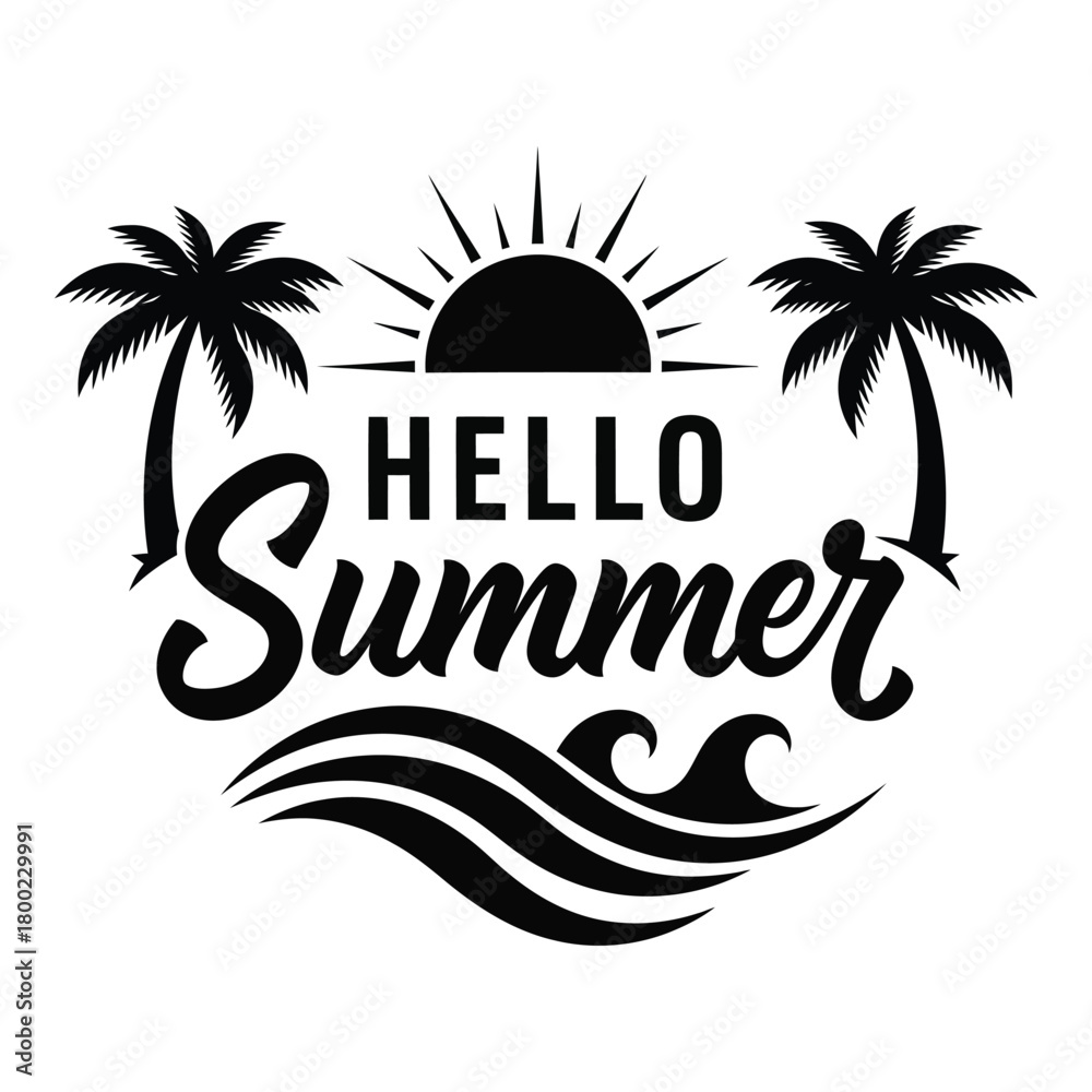 Obraz premium Hello summer graphic design with sun palms and waves design
