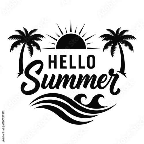 Hello summer graphic design with sun palms and waves design