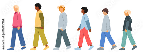 Teenagers and children different ages walk, group silhouettes boys and girls, side view, profile, vector, dark and white skin, different colors, flat icon design concept, isolated on white background